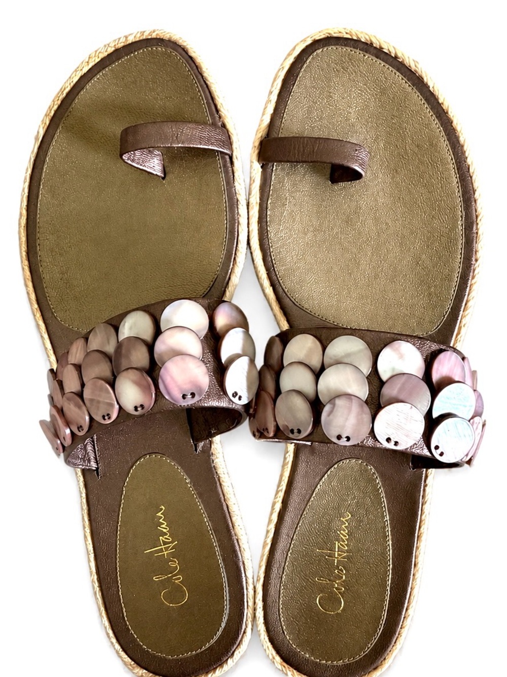 Cole Haan Brown Sandal Slides with Iridescent Shell Discs